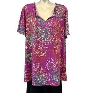 Lane Bryant Purple Floral Print V Neck‎ Short Sleeve Tunic Top Size 18 20